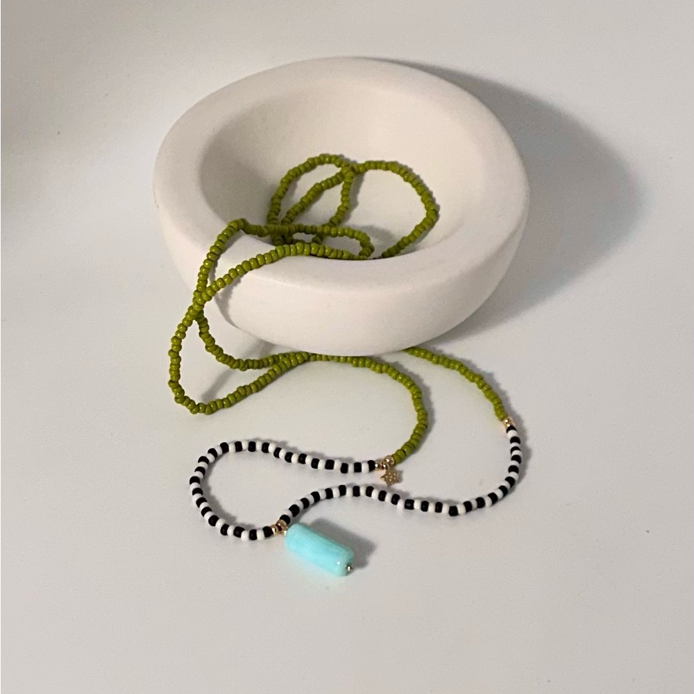 Handmade Blue Opal pendant necklace. Glass & gold accent beads. 37” long.